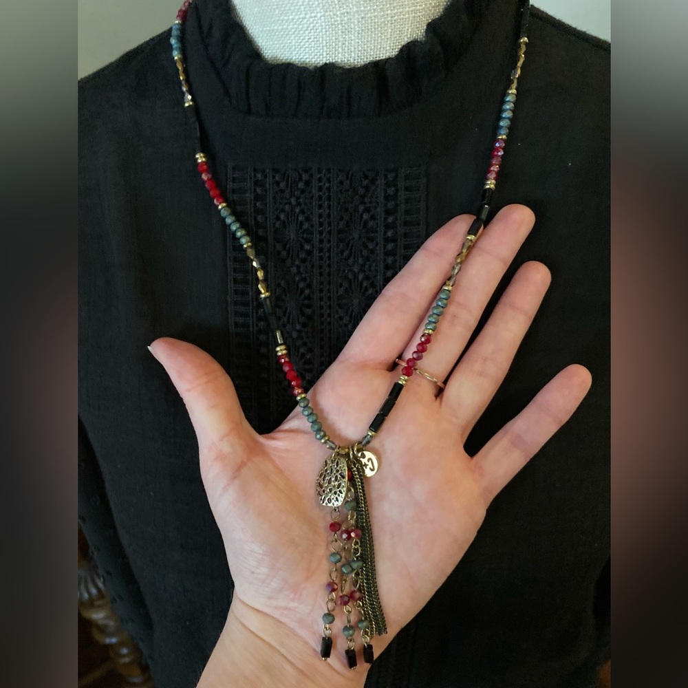 Vintage Boho Style Multicolored Rondelle Crystal Tassel Necklace